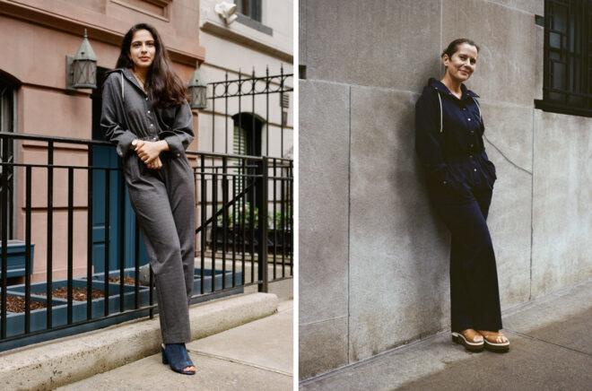 person in gray jumpsuit leaning on fence and person in blue jumpsuit leaning on a wall