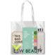 A clear tote bag reading 