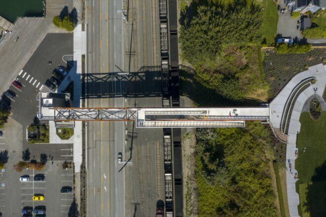 aerial view of bridge over a highway