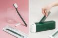 green toothbrush against clear cup and person putting green comb in compost bin
