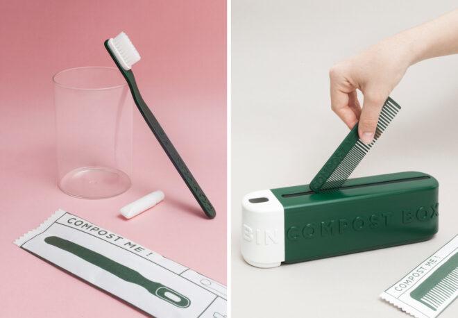 green toothbrush against clear cup and person putting green comb in compost bin