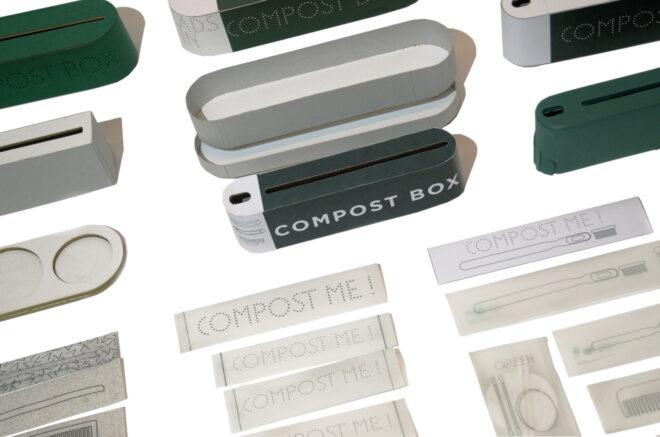 compost bins and packaging on white background
