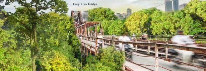 rendering of people walking along a bridge surrounded by trees