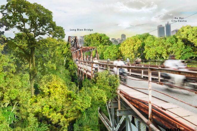 rendering of people walking along a bridge surrounded by trees
