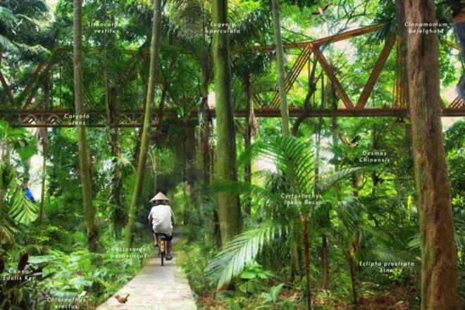 rendering of person riding a bike on a path through a forest