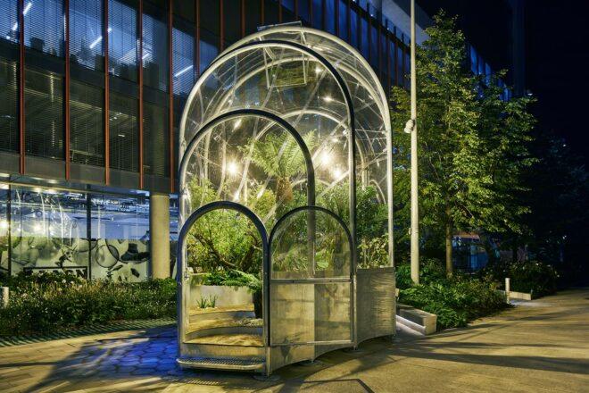 curved clear greenhouse lit up at night