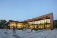 L-shaped building with glass walls