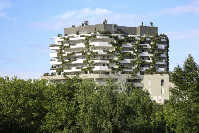 white stacked building covered in plants