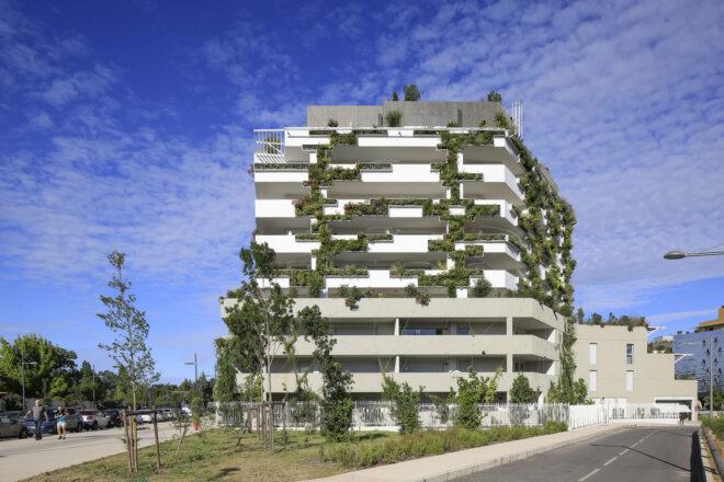 green plants on a stacked white building