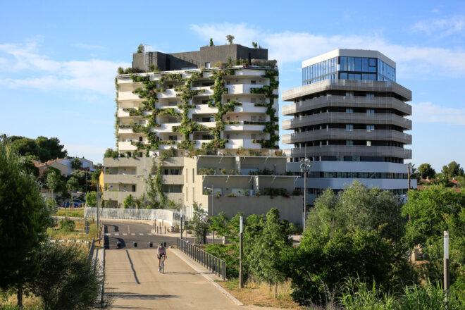 people walking on path toward large white building covered in plants