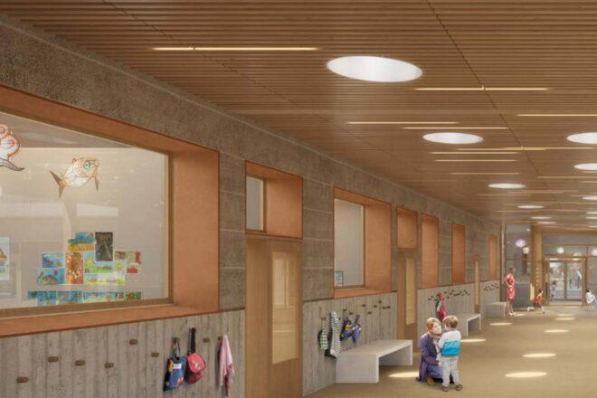 rendering of school hallway with hooks for bookbags and coats