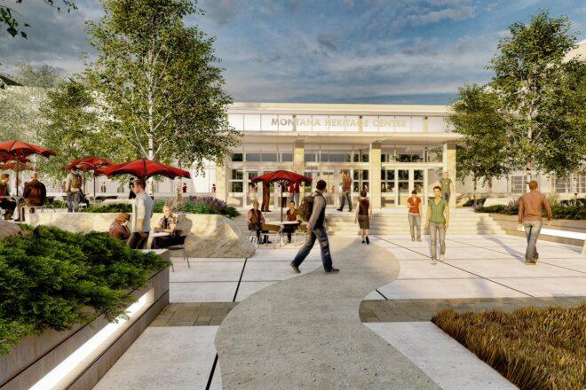 rendering of people walking on paths near building with sign that reads "Montana Heritage Center"