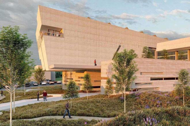 rendering of large tan building with sloped roof