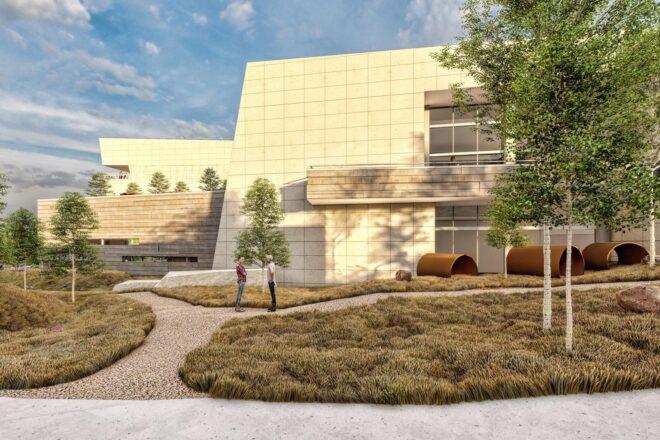 rendering of walkways and plants near large tan building