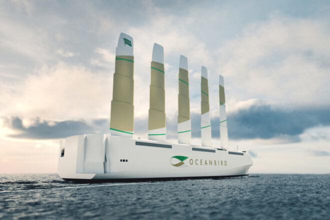 rendering of large white ship with ultra-tall sails