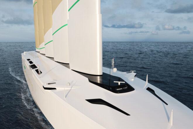 closeup rendering of front of white wind-powered ship