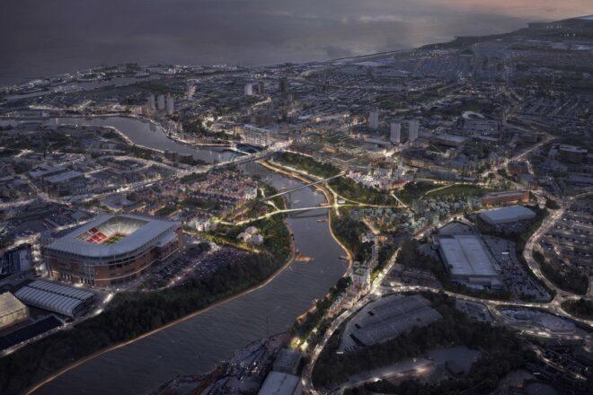 aerial rendering of neighborhoods flanking a river