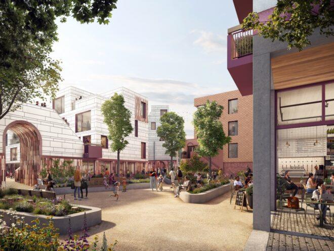 rendering of people chatting in plant-filled courtyard in the center of several buildings
