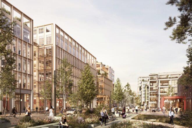 rendering of timber-framed buildings with glass walls