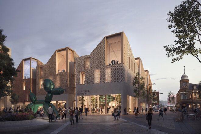 rendering of balloon animal sculpture outside of brick Culture House community building
