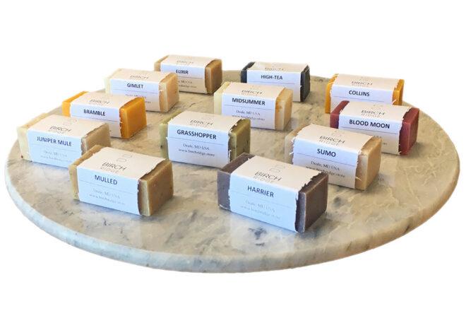 A tray of soap samples.