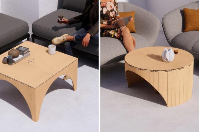 square and round cardboard coffee tables near gray sofas