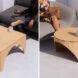 square and round cardboard coffee tables near gray sofas