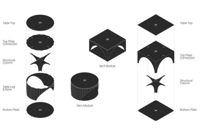 diagram of various modular components of a coffee table