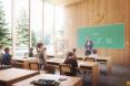 rendering of wood-lined classroom with one wall of glazing and all wood desks