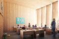rendering of wood-lined classroom with world map on the wall