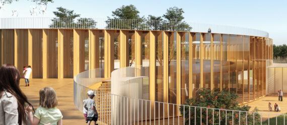 rendering of round school building with slatted timber facade