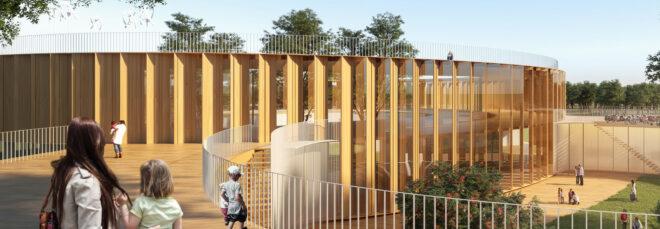 rendering of round school building with slatted timber facade