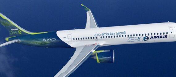rendering of white and blue zero-emission plane