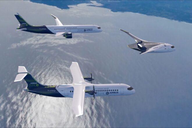 rendering of three types of hydrogen-fueled planes
