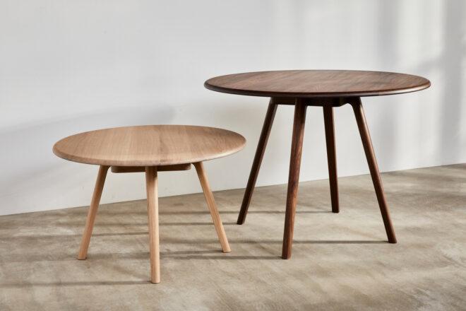 two round wood tables