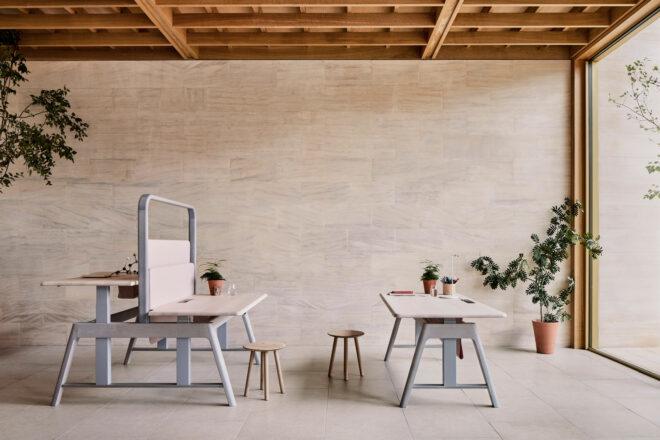 two office desks in tan room