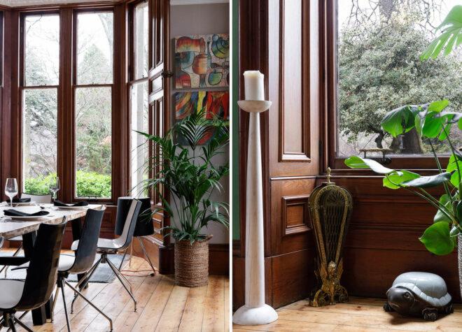 Two images: to the left, a green potted plant sits in a dining room next to a window. To the right, a tall candle stand sits next to a window.