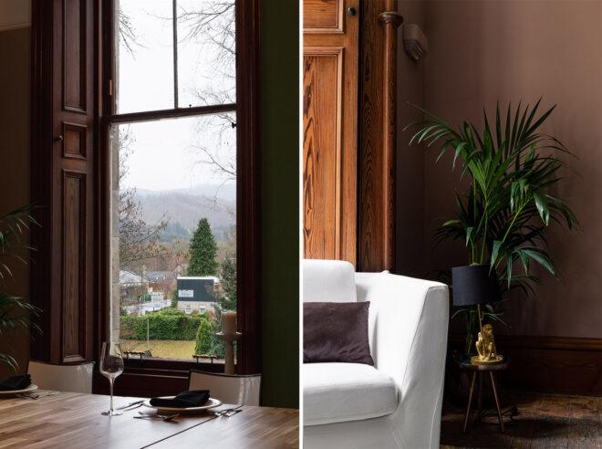 Two images: to the left, a large window in a dining room looks out onto a lawn. To the right, a white armchair sits next to a potted plant.