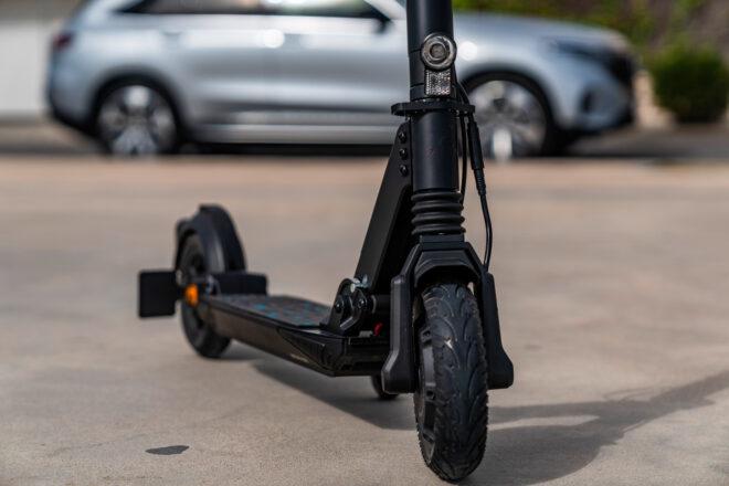 wide tires with thick treading on a scooter