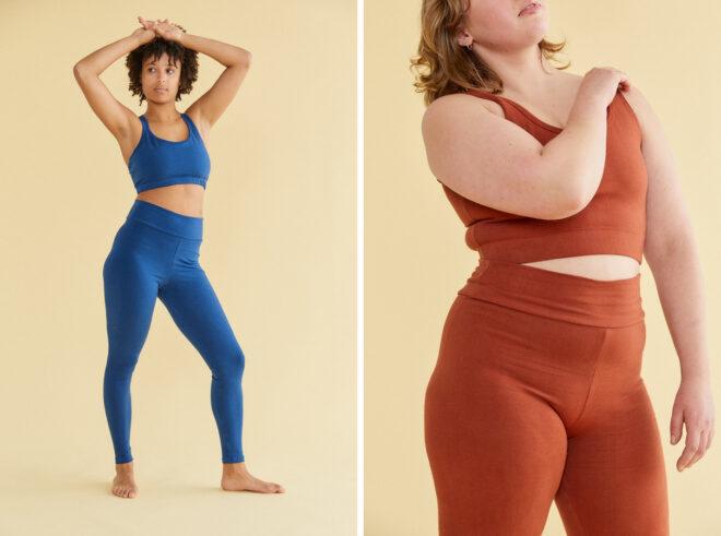 two people wearing orange and blue activewear