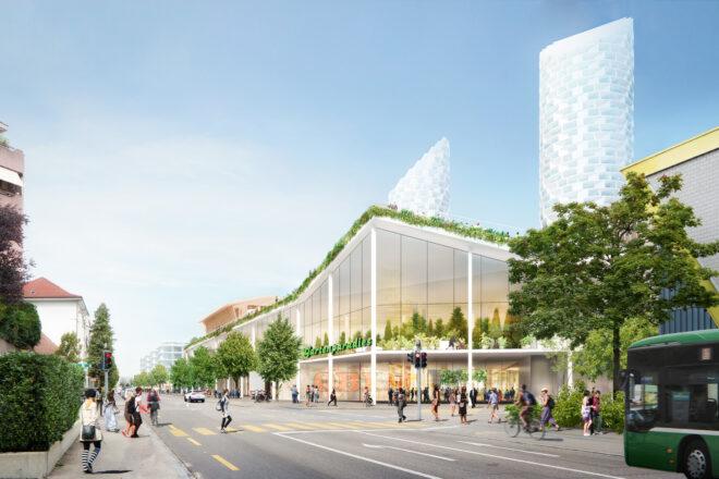 rendering of plants along roof of glass shopping center building