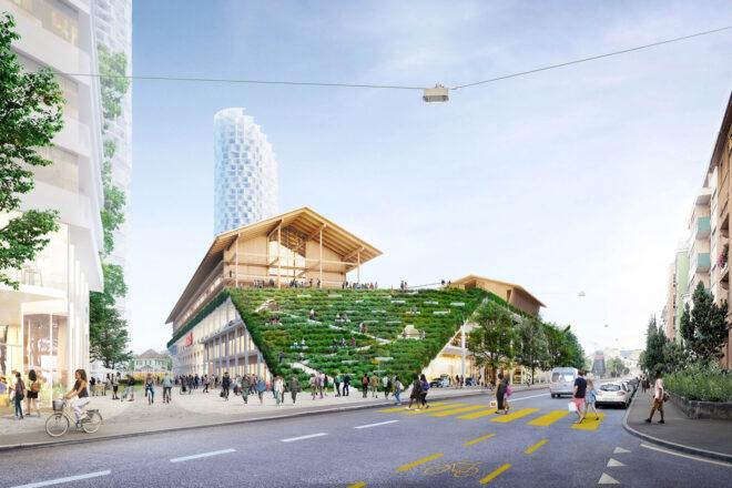 rendering of massive green roof that slopes down to meet the sidewalk