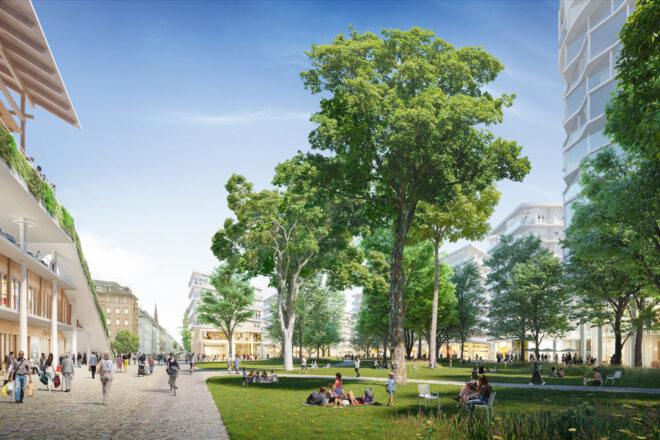 rendering of people lounging in a park in a city