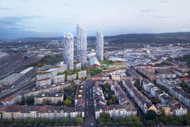 rendering of three high-rise towers and green parks in downtown Basel, Switzerland