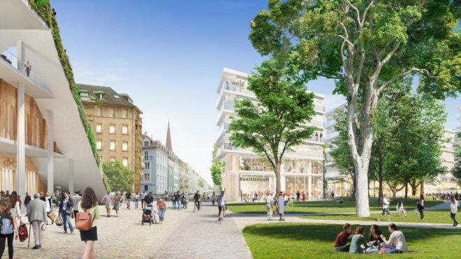 rendering of several mid-rise buildings surrounding a park