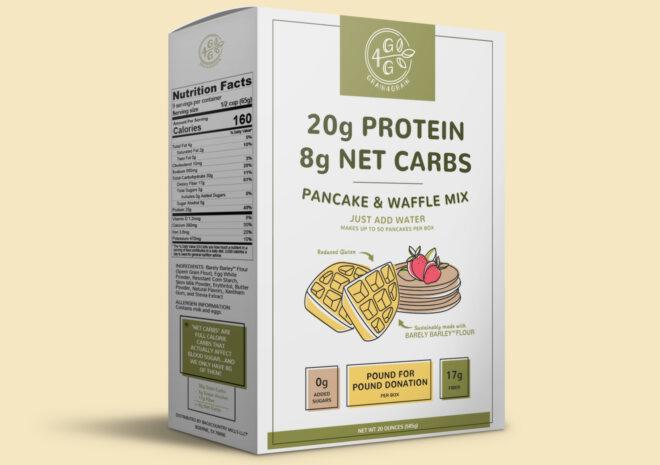 a white and green box of pancake mix.
