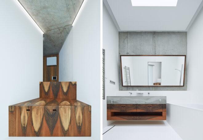 Two photos. To the left, a natural wood set of stairs in a white hallway. To the right, a bathroom with wood counters and a large mirror over the sink.
