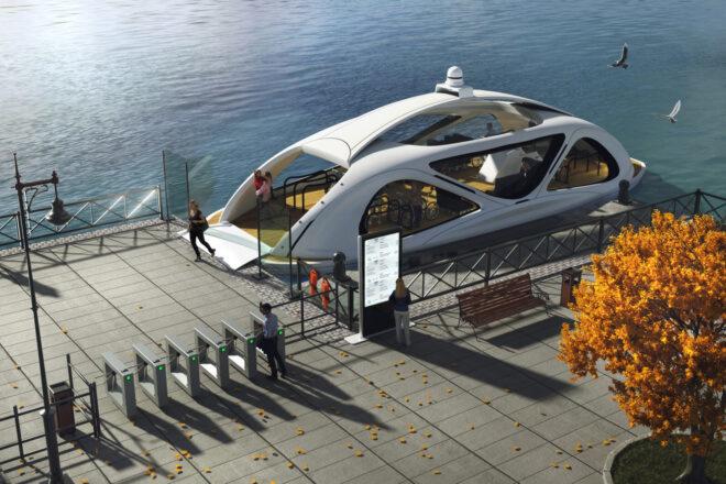 passengers exiting docked ferry