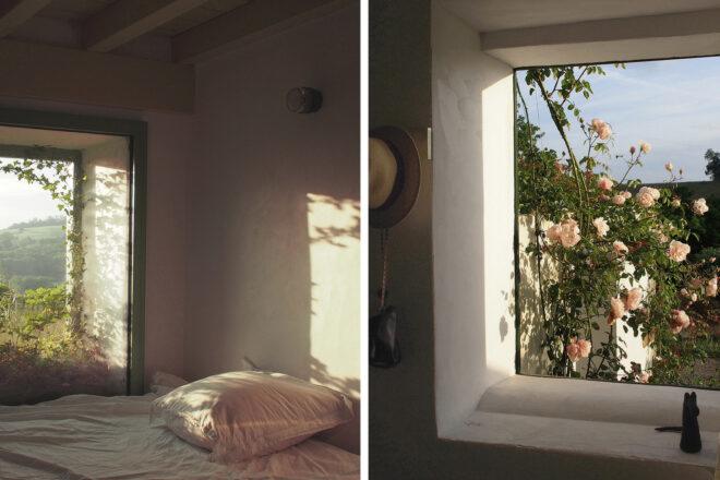 Two images: to the left, a bedroom window. To the left, a window looking out onto pink roses.