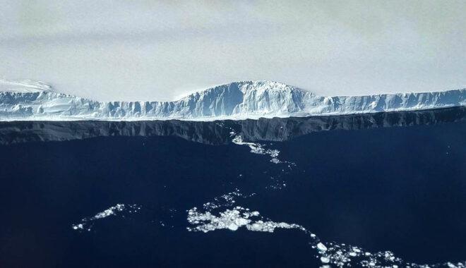 aerial view of edge of A68a Iceberg